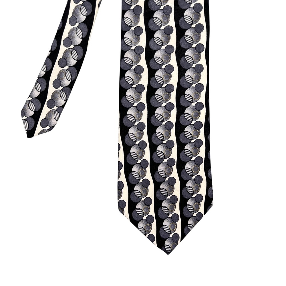 FC Black Grey Silk Geometric Circle Necktie Mens OS Wavy Stripe Made in USA